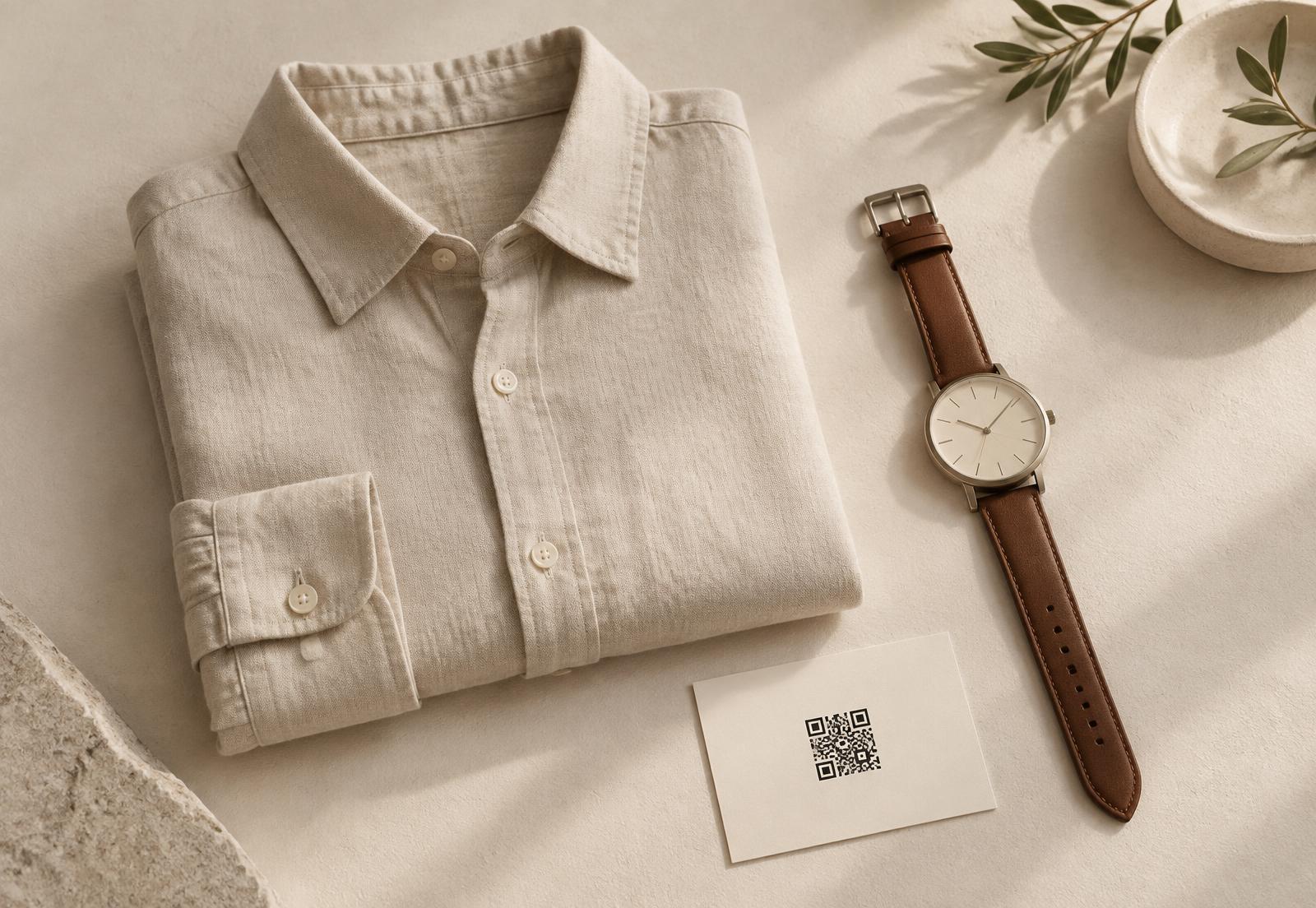 Folded linen garment and a leather watch on a pale plaster surface