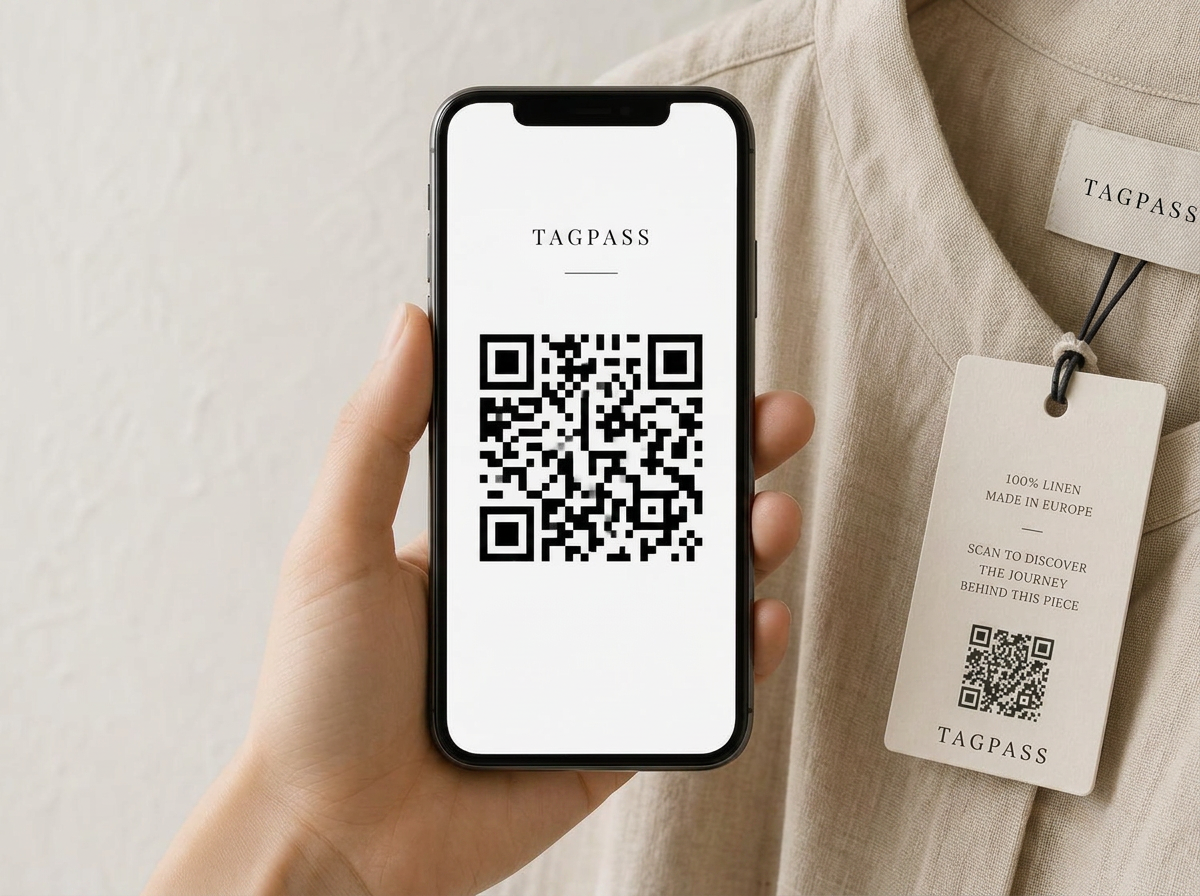 A phone scanning a small QR label on a product tag
